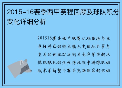 2015-16赛季西甲赛程回顾及球队积分变化详细分析